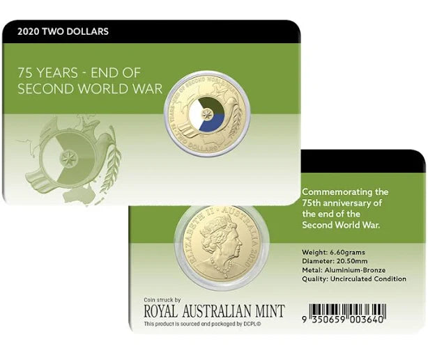 2020 AUSTRALIAN $2 UNC COIN 75 YEARS - END OF SECOND WORLD WAR